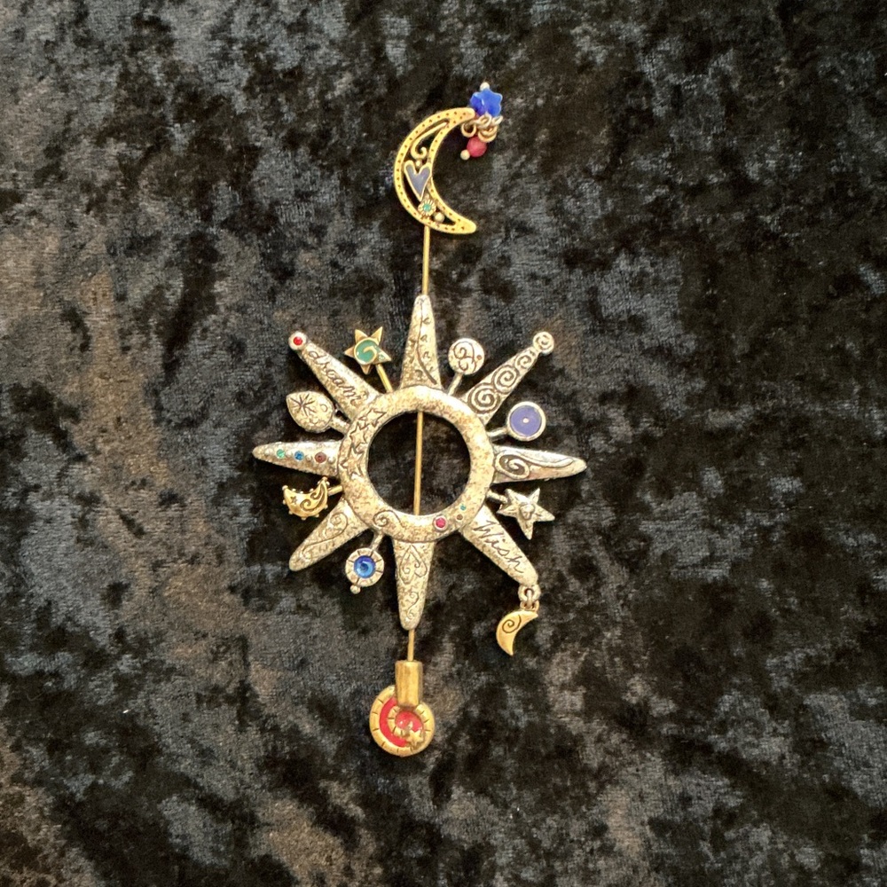 Gold Sun and Moon stick pin Brooch with Colorful Accents